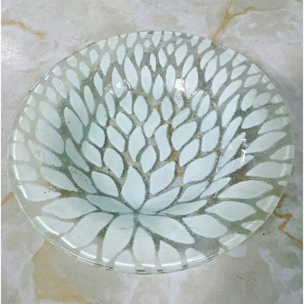 Unmarked Art Glass Round Trinket Dish Clear & White Leaf Floral, Glossy Decor